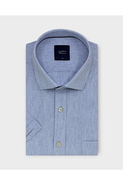 KAMER Men's Regular Fit Short Sleeve Classic Collar Patterned Light Blue Shir...