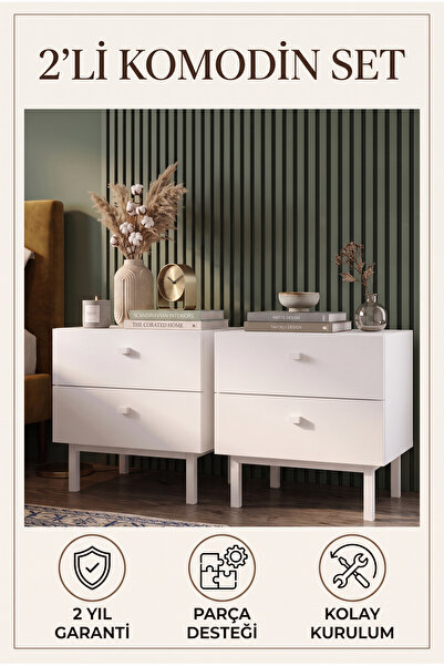 Robin Home 2'li Komodin Set 2 Çekmeceli Ahşap Ayaklı Beyaz