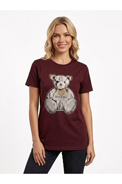 Sibel Günay Butik Burgundy Stone-Studded Teddy Bear Printed Women's T-Shirt 1...