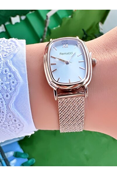 Ferrucci Kadın Rose Gold Hasır Kordon Beyaz Kadran Kol Saati 2 Yıl Garantili