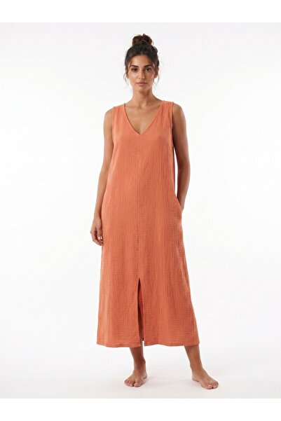 Mulberry Aydan Muslin Dress – V-Neck with Pockets, Comfortable Fit, Long Wome...