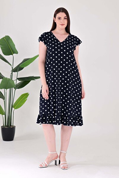 Madwilo Women's Navy Blue White Polka Dot Pattern Ruffled Sleeves and Hem Plu...
