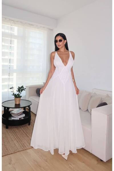 FLOWERİNG Women's V-Neck White Lined Maxi Dress