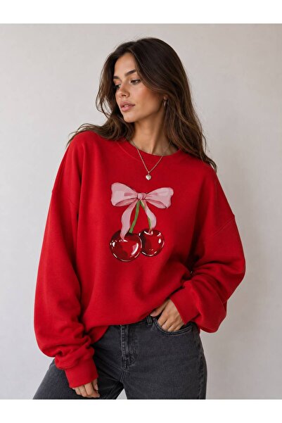 caddekombin Cherry and Ribbon Printed Green Sweatshirt with Hood and Kangaroo...