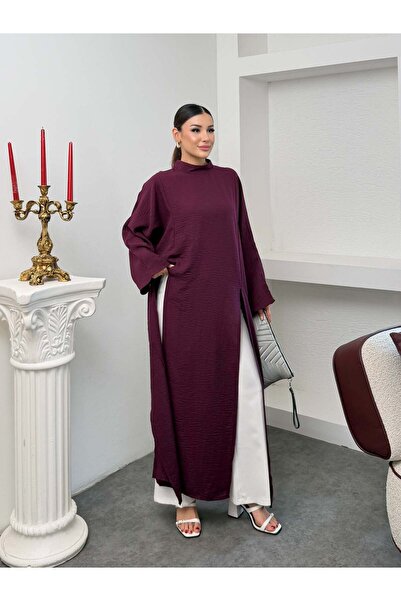 Hatun Atila Women's Oversize High Collar Side Slit Wrinkled Textured Long Tun...