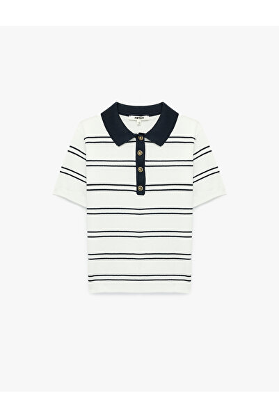 Koton Tricou din tricot cu mânecă scurtă, cu guler polo, în dungi, cu nasturi...