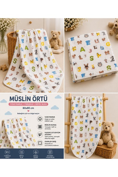 Ayd Home %100 Pamuk Müslin Bebek Örtüsü 80x80 cm Çok Amaçlı Kundak Battaniye