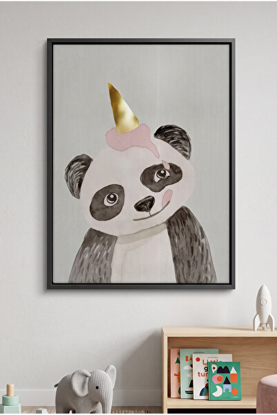 Jasmine Art Cute Panda with Gold Unicorn Kids Wall Art | Portrait Framed Canv...