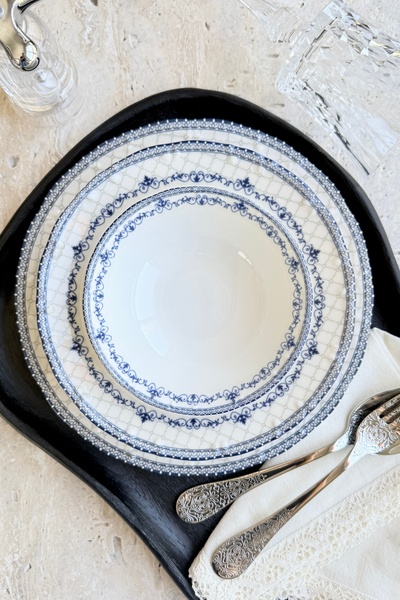 porselenden Victoria 24 Parça 6 Kişilik Premium Porselen Yemek Takımı Mavi Gr...