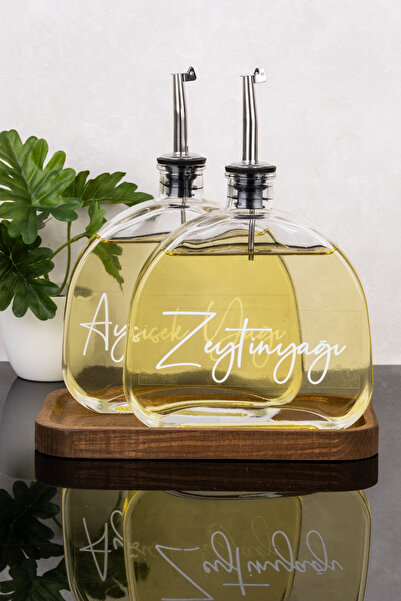 dnshome 2-Piece Glass Oil Pot Set with Acacia Wood Stand and Silver Lid, Luxu...