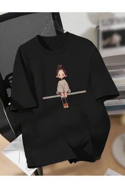 Oceanwear Cartoon Girl Printed Short Sleeve Women's Plain Black Tshirt