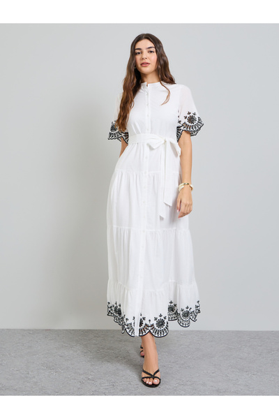 Styli White Embroidered Shirt Maxi Dress with Tie-Belt