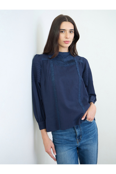Styli Navy Blue Lace Detail Cotton Blouse