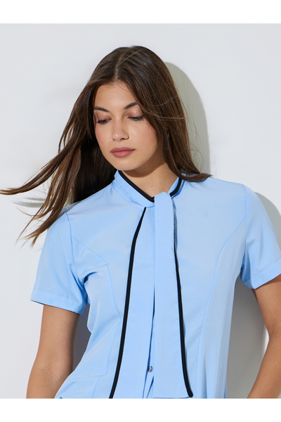 Styli Blue Short Sleeve Blouse with Neck-Tie Detail