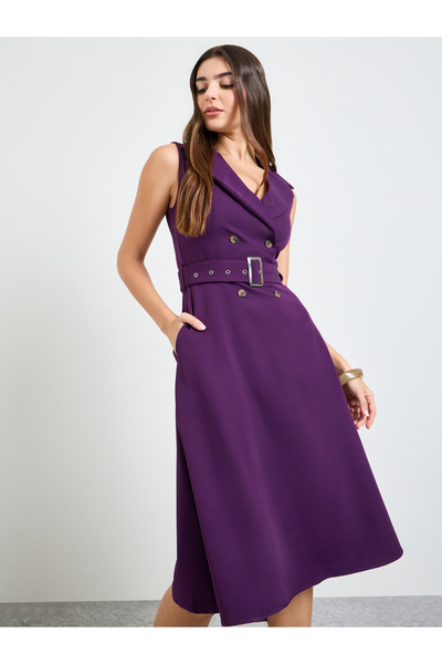 Styli Purple Sleeveless Blazer Midi Dress with Belt