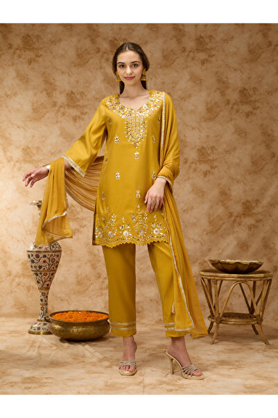Silver Lime By Styli Yellow Zari Embroidered Kurta, Pants and Dupatta Set