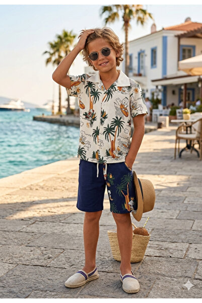 MODA Erkek Çocuk Tropikal Hawaii Desenli Gömlek ve Şort 2'li Yazlık Takım