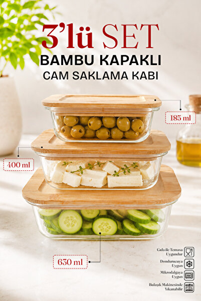 naturelove Set of 3 Glass Storage Containers with Bamboo Lids - Airtight Vacu...