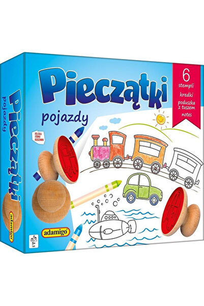 OEM Set Adamigo cu 6 ștampile din lemn Vehicule, cu creioane colorate și tuș.