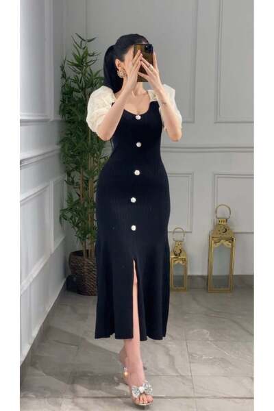it's Mine Black Stretch Dress with Fluffy Lace Sleeves and Decorative Buttons