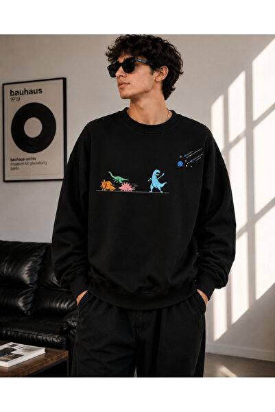 caddekombin Unisex Dinosaur Printed Crew Neck Sweatshirt