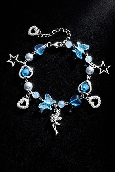 THE Steel Blue Beaded Butterfly Star Charm Women's Bracelet