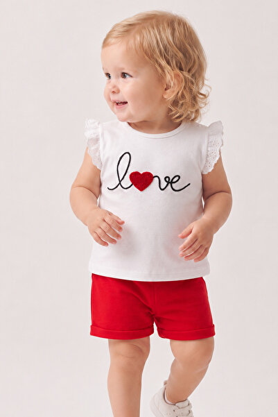 Rocha Baby Love Embroidered Baby Girl Summer Set Scallop Sleeves White T-Shirt Red Shorts 2-Piece Baby Set