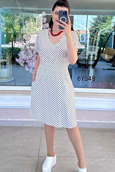 İnce Topuk Beli Gipeli Polka Dot Viscose Dress 6Y348