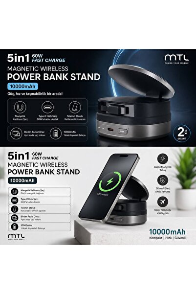 peltech 10.000 mAh 5İN1 DAHİLİ Kablolu 60W MANYETİK MagSafe PD Şarj Powerbank