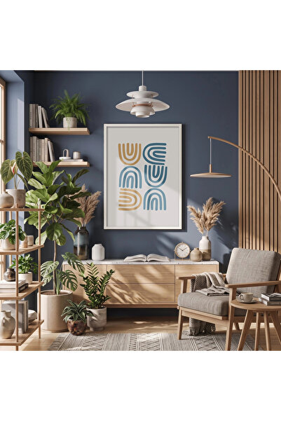 KOLAJTASARIM Curbe minimaliste albastru muștar cu cadru din lemn alb Decor de...
