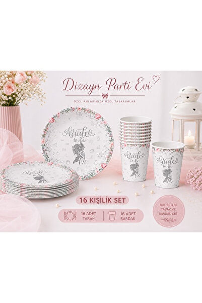 Dizayn Parti Evi Bride To Be Gümüş Tema Kağıt Tabak ve Bardak Seti | Bekarlığ...