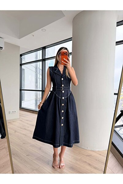 HARMONY GLOBAL Kadın Koyu Lacivert Düğmeli Beyaz Dikiş Detaylı Kemerli Denim Midi Elbise 7827