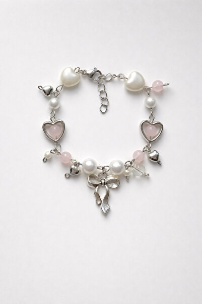 THE Steel Heart and Bow Charm Bracelet Pink Beaded Pearl Detailed Bracelet