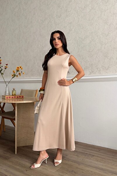 moda poni Women's Modal Fabric Beige Sleeveless Long Dress