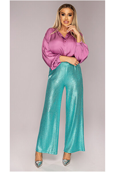 OEM Pantaloni dama lungi, albastri, lucioși, talie elastică, One Size