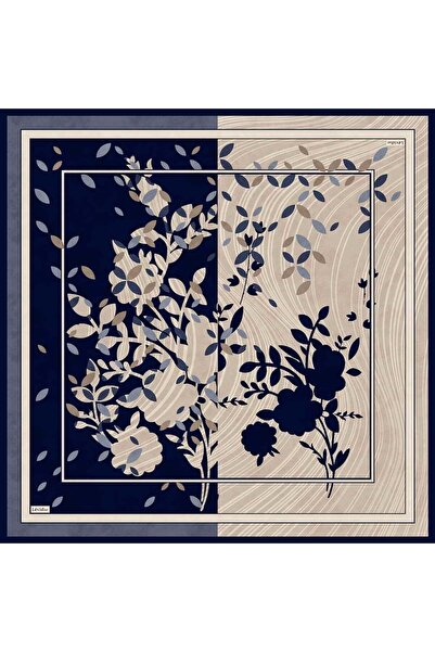 Levidor Navy Blue Leaf Print Twill Silk Scarf