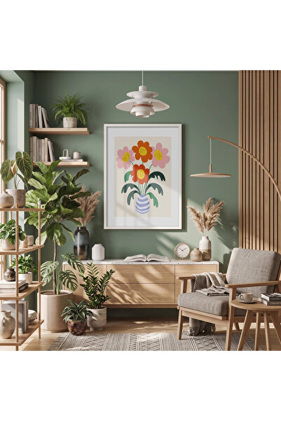 KOLAJTASARIM Vază modernă cu flori, tablou cu ramă din lemn alb, obiect decor...