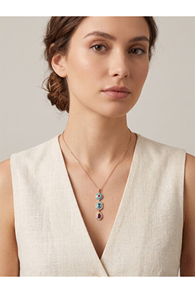 Pelin Aksesuar Turquoise Enamel Pink Stone Round Design Necklace