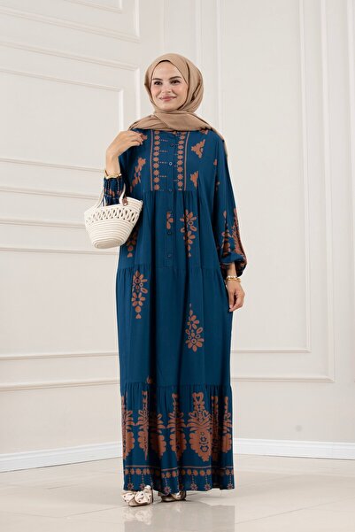 Sevitli Half Buttoned Robal Nesrin Dress-Blue