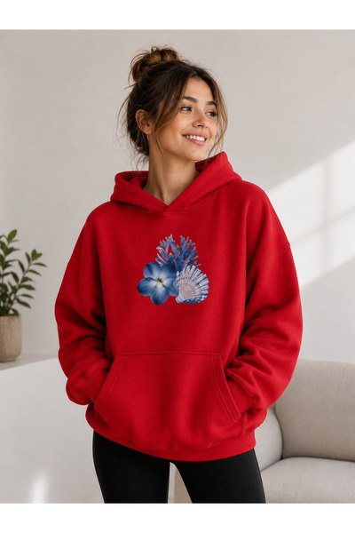 caddekombin Women's Blue Floral and Seashell Printed Hooded Sweatshirt with K...