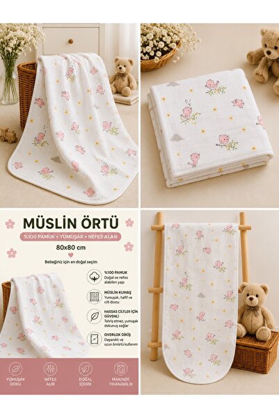 Ayd Home %100 Pamuk Müslin Bebek Örtüsü 80x80 cm Çok Amaçlı Kundak Battaniye