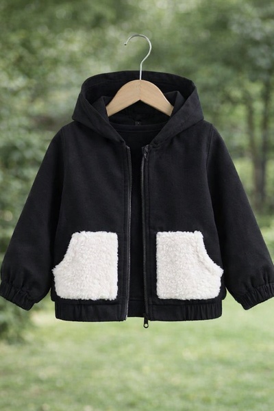 shop Унисекс черно детско зимно яке с качулка и плюшени детайли