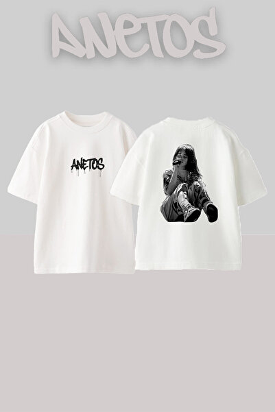 Anetos تي شيرت أبيض كبير الحجم مطبوع بتصميم Billie Eilish_51 للجنسين