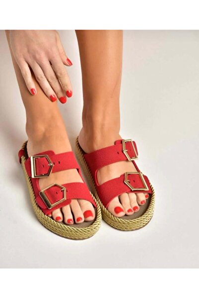 MİSS PARK MODA Red suede women's slippers