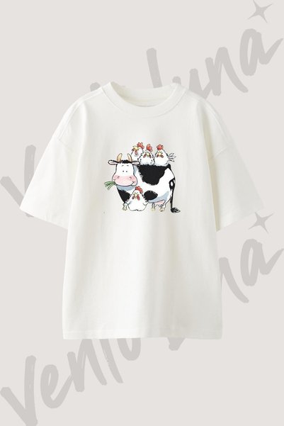 Vento Luna Inek Tavuk Tasarım Baskılı Unisex Oversize Kalıp Beyaz Tshirt