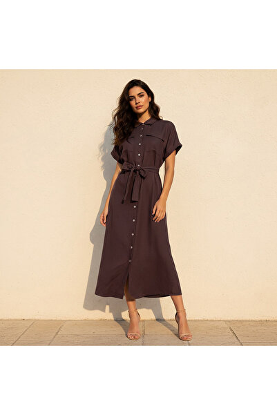 FAV Midi Linen Blend Shirt Dress with Tie-Up Belt