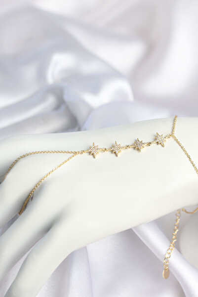 Lisinya Gold Color Zircon Stone Rowed Pole Star Model Şahmeran -