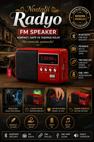 Rabelix Online Marketing Dijital Ekranlı Mini Nostalji Bluetooth Hoparlör FM ...