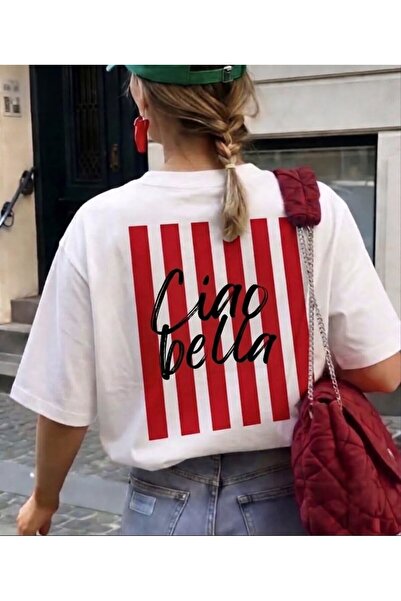 LELVANİ Women's Red Writing Ciao Bella Line Printed Crew Neck White T-Shirt