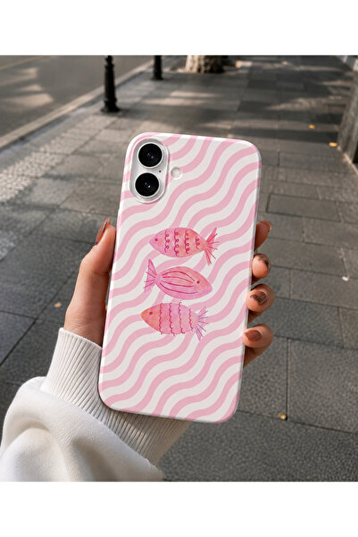 OVADA İphone 16 Uyumlu Pembe Balık Desenli Kadife Soft Telefon Kılıfı